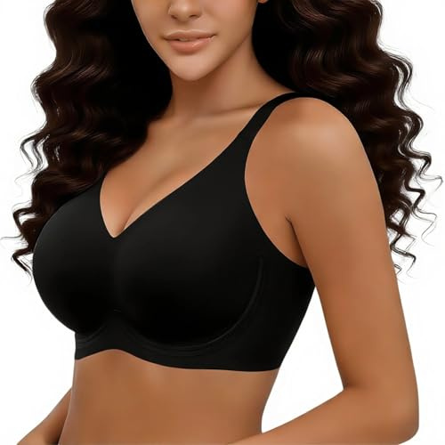 Curlady Wireless Bras for Women Seamless Push Up Jelly Ladies Bra Non Wired Support Full Coverage Comfort Soft Pads Bras No Underwire T Shirt Everyday Bralettes with Extender Jet Black