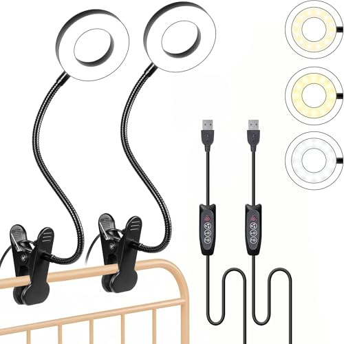Foneso klämlampa, 48 lysdioder, dimbar lä, säng, 3 lägen och nivå 10 dimmer, 360° flexibel USB-lampa för läsning, resor, sovrum, kontor (svart,2-pack)