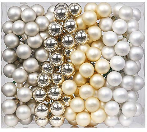 Magic 144 Spiegelbeeren Kugeln am Draht 2,5cm Weihnachtskugeln Baumkugeln Baumschmuck Weihnachtsdeko Kugeln Glaskugeln Set Christbaumschmuck 25mm - Cloud Dancer - weiß Elfenbein Champagner