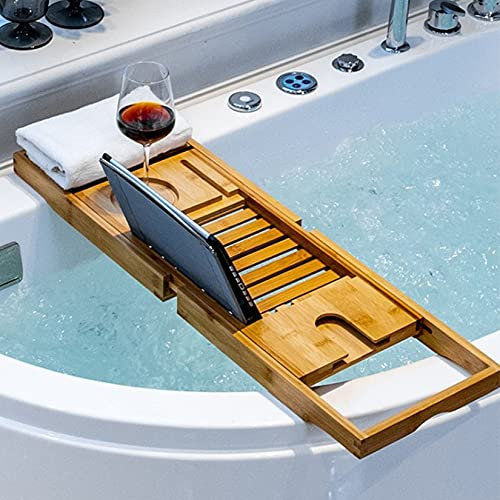 HUOLE Plateau de Rangement pour Baignoire, Plateau de Rangement de Salle de Bain Extensible, Plateau de Baignoire en Bambou Naturel,Plateau de Bain en Bambou rétractable, 70-105cm
