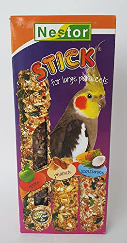 3x Cockatiel Parrots Treats PEANUTS/COCONUT/APPLES/BANANAS Flavors 3in1 Seed Sticks Large Parakeets Conures 175g Wild Bird Food Budgie Cockatoo Finches Snacks with Hooks Pack of Three