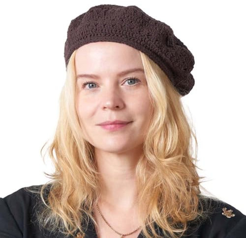 CHARM Baskenmütze Damen Beret Häkelmütze Barrett - Sommer Mütze Pantomime Französische Mütze Strickmütze Lochmuster Dunkel Braun