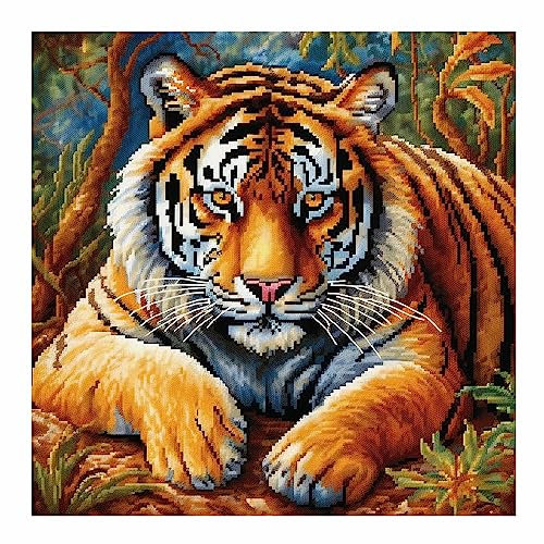 Cukol Tiger Kreuzstich Set Vorgedruckt, Tiere Stickvorlagen Stickbilder Vorgedruckt Kreuzstich Stickpackungen Stickpackung Cross Stitch Embroidery Kit Stickset Sticken Set Erwachsene Anfänger 46x46 cm