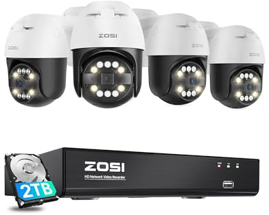 ZOSI 4K Kit Cámaras de Vigilancia PoE Exterior, 8CH CCTV Grabador NVR y 2TB HDD con (4) 8MP PT Cámara de Seguridad, Detección y Seguimiento de Persona/Vehículo, Alarma Sonora y Luminosa, Audio