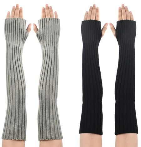 Pinsheng 2 Paar Lange Armstulpen, Thermo Gestrickte Fingerlose Handschuhe Warm Winterhandschuhe Dehnbar Handstulpen Pulswärmer mit Daumenloch Über für Damen Herren