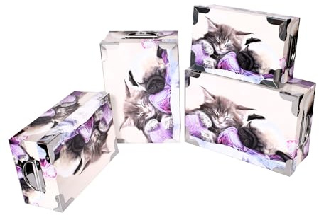 2.J. Gatto - Set di 4 scatole di immagazzinaggio in cartone stampato,motivo animali,vintage,nero,bianco,con angoli e manici in metallo. Dimensioni: 23 x 15 x 9,25 x 16,5 x 10,27 x 18 x 10,5,29 x 20