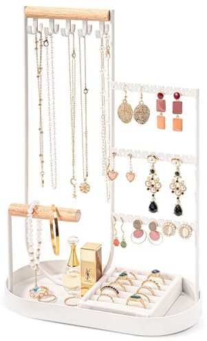 ProCase Jewelry Organiser Jewelry Holder Jewelry Stand with Velvet Ring Tray and Study Metal Frame, Necklace Holder Organizer Bracelet Display Storage Rack for Studs Rings -White