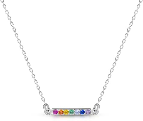 Amberta Lumini Collier en Argent Sterling 925 pour Femme avec Zircones Colorées: Collier Barre en Argent avec Zircones Colorées