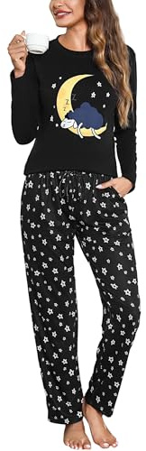 Aseniza Pijama Mujer Invierno Algodón Conjunto de Pijamas Largo Manga Larga Ropa de Dormir 2 Piezas con Bolsillo Negro,L