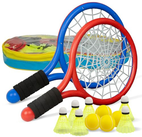 Crefotu Kinder-Tennisschläger, 15-Zoll-Kunststoff-Tennisschläger mit 4 weichen Bällen und 6 Federbällen für Kinder, Kleinkinder, Outdoor/Indoor-Sport (Rot und Blau)