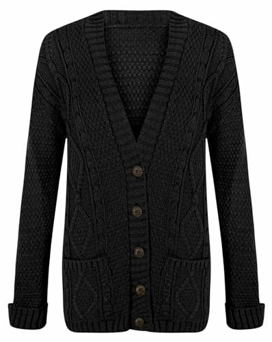 FASHION MY LOVE New Womens Everyday Long Sleeve Button Top Ladies Chunky Aran Cable Knit Grandad Cardigan UK Size 8-26 Black