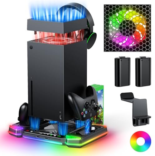 Auto Cooling Fan and Charge Stand Accessories for Xbox Series X Console with 11 Light Modes, Dual Controller Wireless Charger Dock, 2* Rechargeable Batteries, Headset Stand & Game Disc Storage
