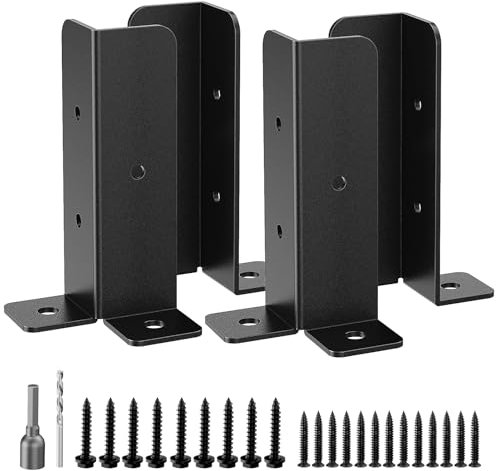 WELDUN Lot de 4 supports de poteau de clôture, base de poteau de clôture réglable avec vis, support de poteau de clôture épais noir, piquets en bois, clôture, pergola en métal