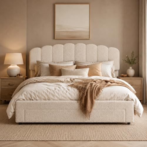 DAHUEN Lit Rembourré 160 x 200 cm, avec Tiroir de Rangement, Cadre de Lit Double et Prise USB, Tête de Lits Réglable en Hauteur, Lit's Fille, Lits Princesse, Velours Teddy, Beige (160 x 200 cm)