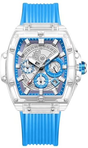 RORIOS Trasparente Tonneau Orologio da Uomo Silicone Analogico Quarzo Orologio da polso Multifunzionale Moda Orologio Impermeabile Cronografo Blu