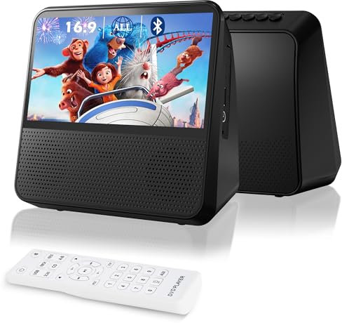 Tragbarer DVD Player mit Bluetooth, 4000mAh Wiederaufladbarer Auto DVD Player Kinder mit Eingebauten Lautsprechern, Bluetooth/USB/RCA/Kopfhöreranschluss, Speicherwiedergabe, Timer & Fernbedienung