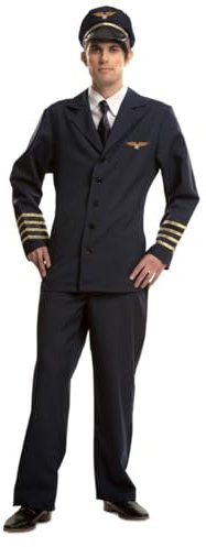 My Other Me Déguisement de pilote pour homme, taille M-L. Comprend un bonnet noir avec badge doré, une chemise blanche, un pantalon et une veste en bleu marine et des détails dorés sur les manches et