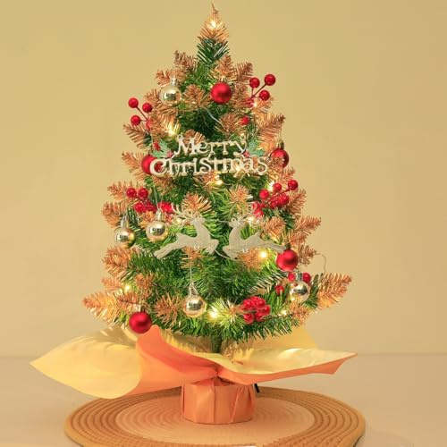 Mini Sapin de Noël Artificiel de 45 cm avec éclairage doré, décoration de Table, Petit Sapin de Noël décoré de guirlandes Lumineuses, décoration de noël en PVC, pour Salon, Bureau, fenêtre, fête