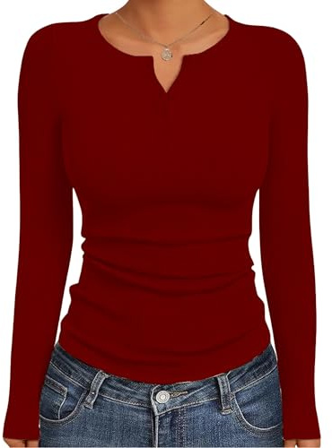 GLEENOD - Maglietta a maniche lunghe da donna, elegante, basic, con costine, Y2K, moderna, T-shirt a maniche lunghe Henley con bottoni, Jujube rosso, M