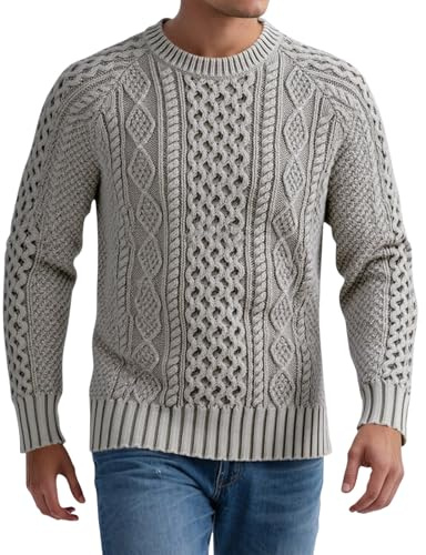 Generisch Maglione da uomo con motivo a treccia, maglione a maglia grossa in stile Aran, classico maglione da pescatore per autunno e inverno, Stil_l04 Grigio, L
