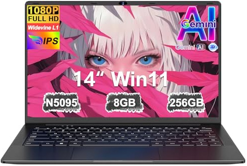 Ordenador Portátil 14 Pulgadas Win11 Celeron N5095 Upto 2,9 GHz LPDDR4 Portatiles 8GB RAM 256GB SSD TF 1TB 5G WiFi 1920*1080 FHD USB 3.0 Laptop Película Protectora Español - Negro Cuerpo MetálicoB