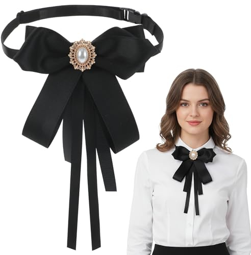CIATBYYJ Elegant Bow Tie for Women and Girls, Pre-tied Black Bowtie with Rhinestone Pearl, Clip on Adjustable Women Ties, Black Tie for Shirt Uniform Wedding Party Prom Daily