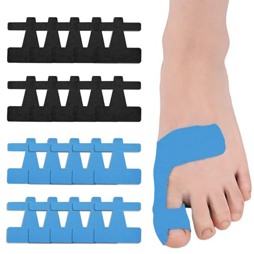 Hallux Valgus kinesiotejp – 20 förskurna kinesiologitejp för smärtlindring & stabilisering, förskurna kinesiologitejp för tå och fot, hudvänlig och latexfri (Svart + Blå)