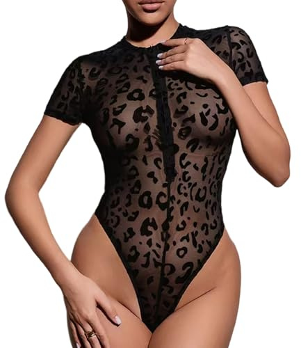 HTTDSLF Body da Donna Sexy Mesh Bodysuit, Manica Corta in Rete Trasparente Stampat, Elegante Bodysuits, Scollo Tondo Lingerie Top, per Vedere Attraverso la Tuta da Donna, Body Femminile Sexy da Club