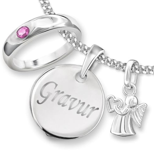 CLEVER SCHMUCK Taufkette personalisiert mit Gravur 3 Anhänger Gravurplatte + Schutzengel + Taufring + Kette STERLING SILBER 925 Taufgeschenk im Etui