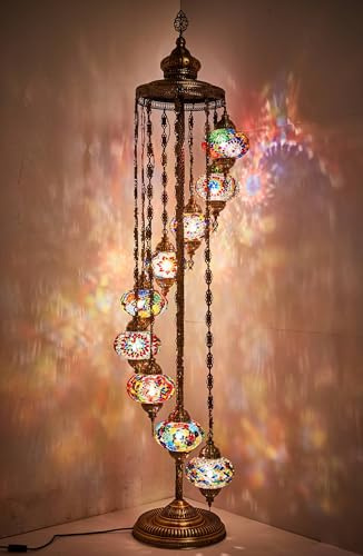 Lampada da terra in mosaico turco marocchino DEMMEX a 9 globi - Illuminazione in stile Tiffany bohémien fatta a mano alta 70'' per camera da letto e soggiorno - Decorazione elegante, pezzo forte