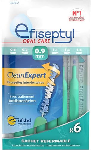 Efiseptyl - Brossettes Interdentaires Clean Expert 0,9mm - Sachet Refermable - Avec Traitement Antibactérien - Sachet de 6 Brossettes