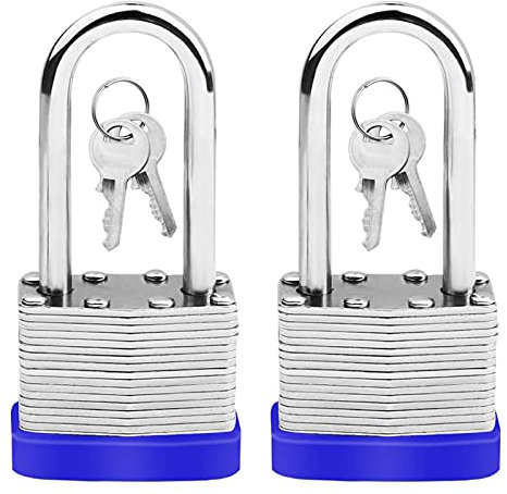 2 Pack Heavy Duty Long Shackle Steel Lock with Heavy Duty Laminated Keys - Secure Lock for Home, Garden, Garage, Fence, Shed, Indoor, Outdoor