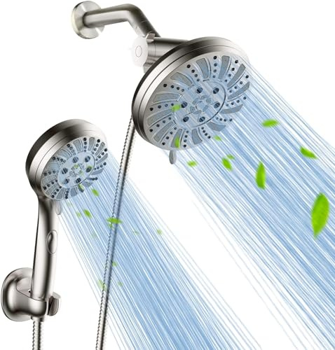WaterSong Fixed Showerhead with Handheld Showerhead - High Pressure Sprayer - 5 Settings - Rainfall Shower - Made of Brushed Nickel - With Detachable Showerhead - Stainless Steel Hose