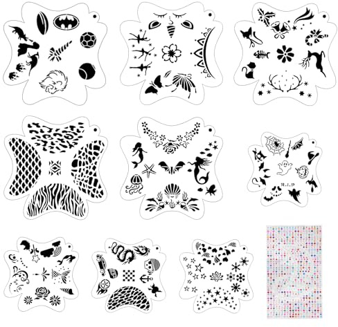 OOTSR 30 Stencil per Pittura e 861 Strass Viso per Bambini Adulto, Brillantini Make Up Stencil Tatuaggi Riutilizzabile per Festival Mascherata Halloween, Modello di Pittura per Trucco del Viso Corpo