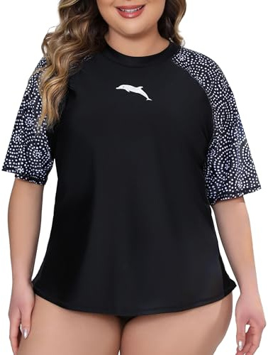 Halcurt Camiseta UV para mujer, talla grande, con protección solar UPF 50+, camiseta de natación de secado rápido, 1X-4X, Puntos de círculo negro/con sujetador, 4XL Grande