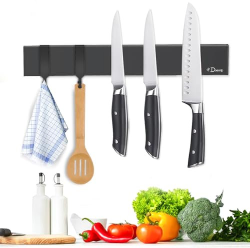 Dmore 10 Inch Magnetic Knife Bar with 2 Hooks, Black Magnetic Knife Holder No Drilling, Strong Magnetic Knife Holder, Adhesive Tape and Screws for Knives, Utensils and Tools