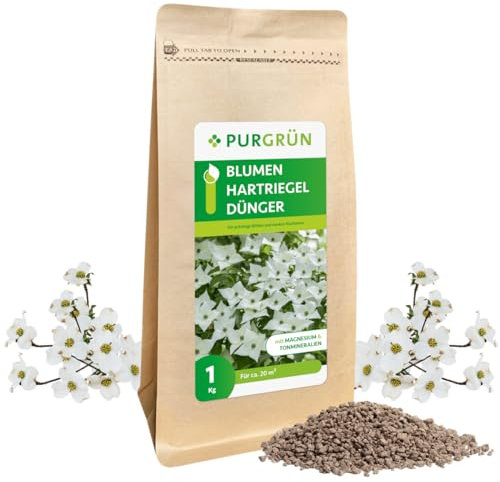 Purgrün® Blumenhartriegel-Dünger 1 kg – Organisch-mineralische Rezeptur – Feinkörniges Krümelgranulat – NPK 9+4+8 – Extra Magnesium für prächtige Blüten – Verbessert die Bodenqualität
