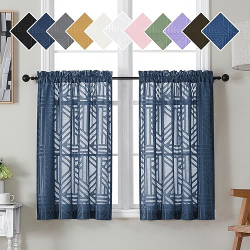 Simplebrand Navy Blue Sheer Kitchen Curtains 36 Inch Length Tier Curtains 2 Panels, Light Filtering Geometric Jacquard Clip Textured Semi Sheer Curtains Short Window Curtains for Bathroom, 42x36 inch