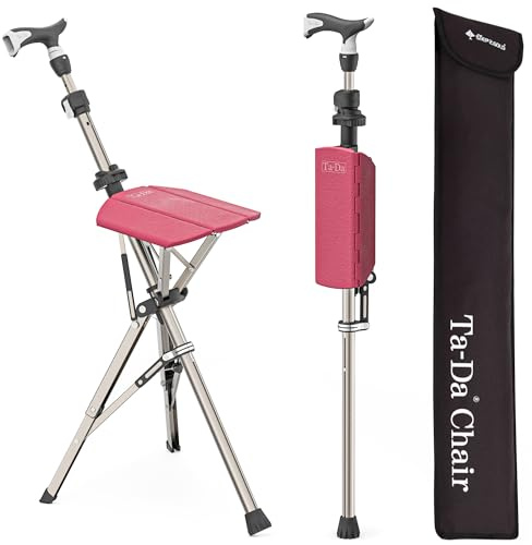 Ta-Da Chair Series 1 Pro, Portable Trekking Hiking Pole, Folding Walking Stick with Seat, Walking Cane with Chair, Foldable Chair, Lightweight Aluminum, Easy Carry and Storage, Anti-Slip (Red)