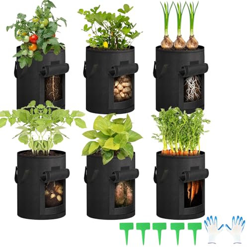 Potato Growing Bags with Windows, 5 Pack 7 Gallon Non-woven Fabric Vegetable Grow Bags for Vegetables, Fruits, Plant