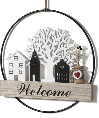 QILICZ Trockenblumenkranz Türkranz Willkommen Türkranz Trockenblumen Türkranz personalisiert Dekokranz ø28cm mit Welcome Schild Trockenblumen Lebensbaum und Haus