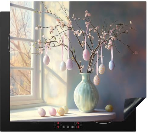 KitchenYeah© Protector Vitroceramica 60x52 cm Tapa para induccion Placa Encimera Cubre de Protectora Cocina Naturaleza Muerta - Jarrón - Ramita de Pascua