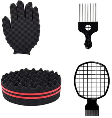 Magic Curl Lot d'éponges pour barbier et coiffage – Brosse afro torsadée, pic et peignes en métal (noir), durables pour cheveux texturés, idéal pour les boucles/ondulations définies, qualité salon