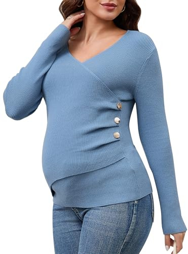 MARI GABRIEL Womens Nursing Sweater Maternity Tops Long Sleeve Soft Stretchy Ruched Pregnancy Breastfeeding Friendly Wrap Medium Blue