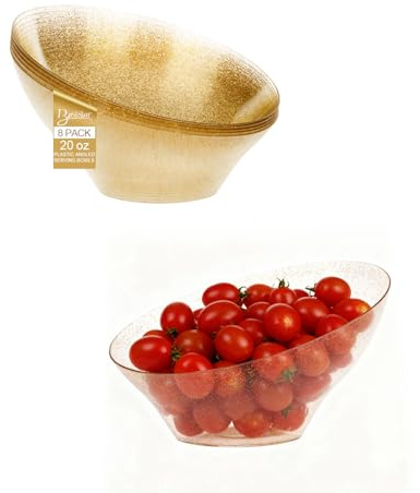 BESTSTAR Clear and Gold Gliter Plastic Serving Bowls 8 Pack 20OZ – Angled Disposable Party Bowls for Chips, Salad, Fruit & Candy – Heavy Duty Clear Serving Bowls for Parties, Buffet, Christmas