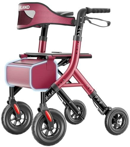 HOMLAND Foldable Rollator Walkers for Seniors with Seat, 10 All-Terrain Wheels & Curb Climber, 16.4 lb Lightweight Walker with Lockable Brakes, 300 lbs Capacity, Burgundy