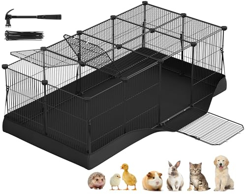 SONGMICS Kleintiergehege, Gehege, Freilaufgehege, wasserresistente Unterlage, Doppeltür, für Kaninchen, Meerschweinchen, mit 20 Platten, 123 x 63 x 41,5 cm, tintenschwarz LPI012BH01