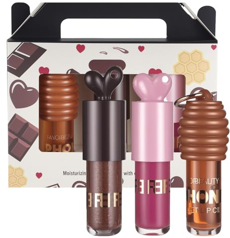 3PCS Bunny Lip Gloss Set, Chocolate + Rose + Honey, Nourishing Tinted Lip Oil For A High-shine Finish, Keychain Honey Lip Oil for Lip Care and Dry Lips