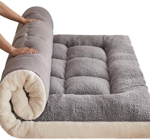 Futon 2 places et 1 place, matelas futon pliable, épais 5 cm, pliable et enroulable, futon japonais souple, en polyester et peluche polaire, pour lits, canapés, camping et invités(Gray,180 x 200 cm)