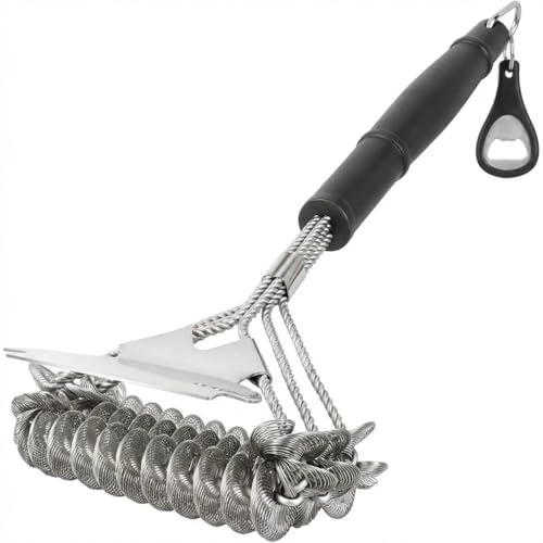 Bristle-Free Grill Brush with Scraper - Reinforced Coil Grill Cleaning Brush, Long Handle Safe BBQ Cleaner for Gas and Charcoal Grates